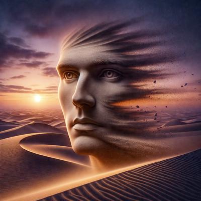 The primary subject of the image is a close-up of a man's face, with a focus on his eyes. The setting is a desert landscape, with sand dunes visible in the background. The visual style is a digital art or illustration, creating a surreal and dramatic atmosphere. The colors are predominantly earth tones, with a warm and moody tone.